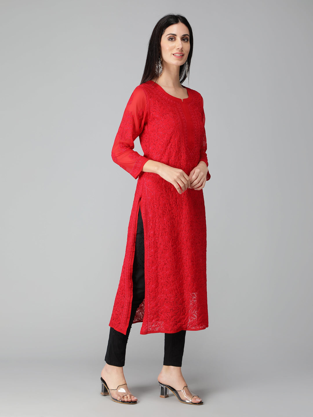 Spanish-Red-Georgette-Chikan-Kurta-with-Slip