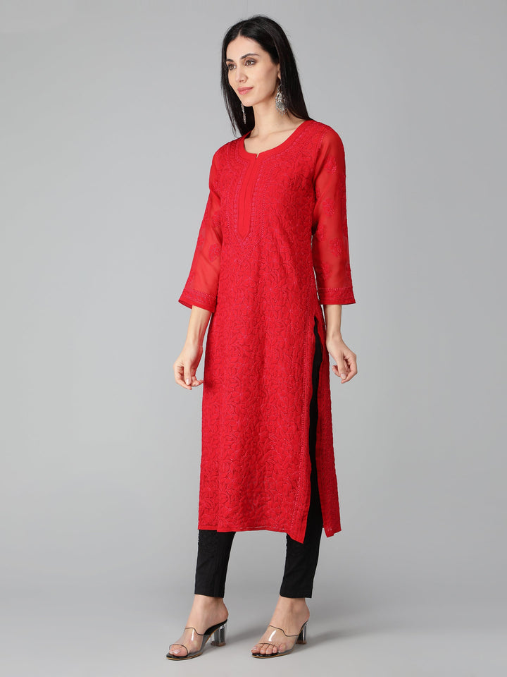 Spanish-Red-Georgette-Chikan-Kurta-with-Slip