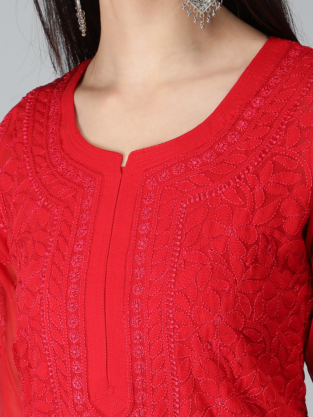 Spanish-Red-Georgette-Chikan-Kurta-with-Slip