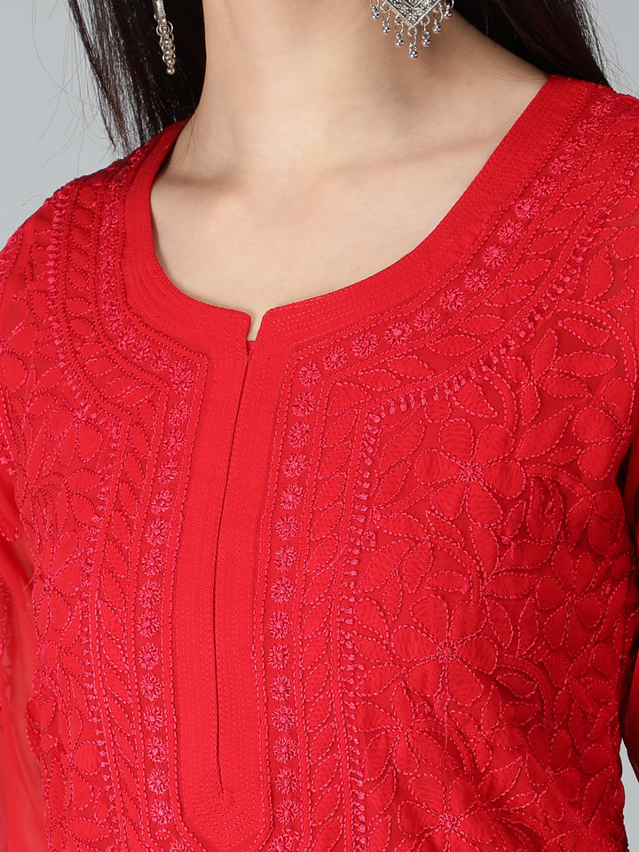 Spanish-Red-Georgette-Chikan-Kurta-with-Slip