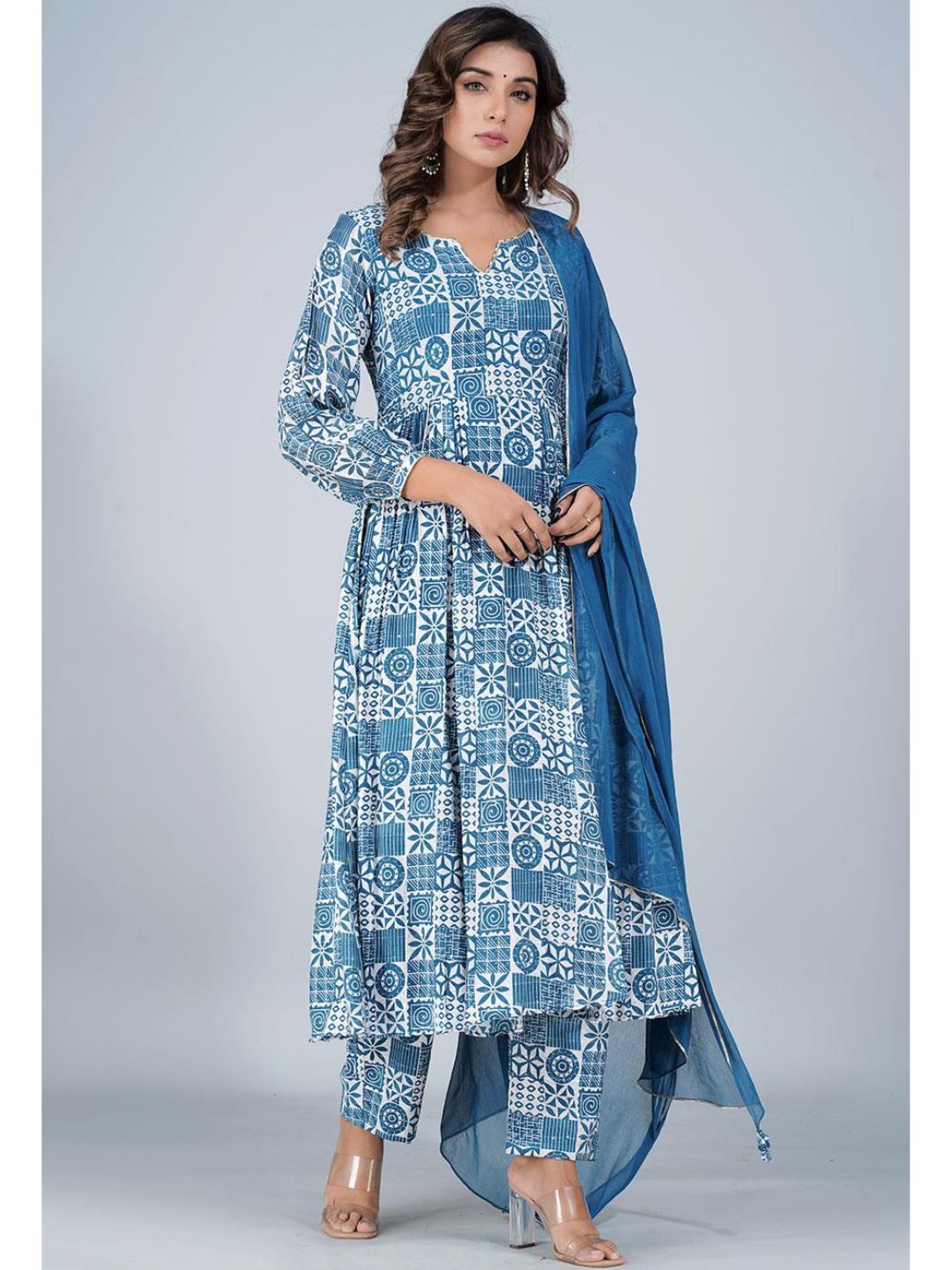 Steel Blue Silk Gathered Anarkali Kurta Set