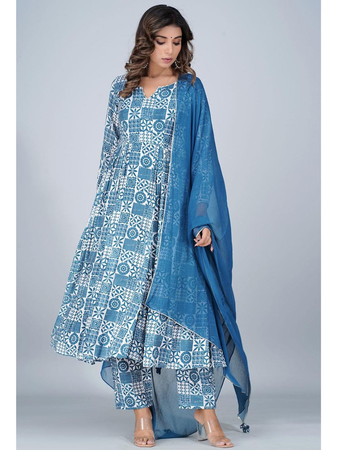 Steel Blue Silk Gathered Anarkali Kurta Set