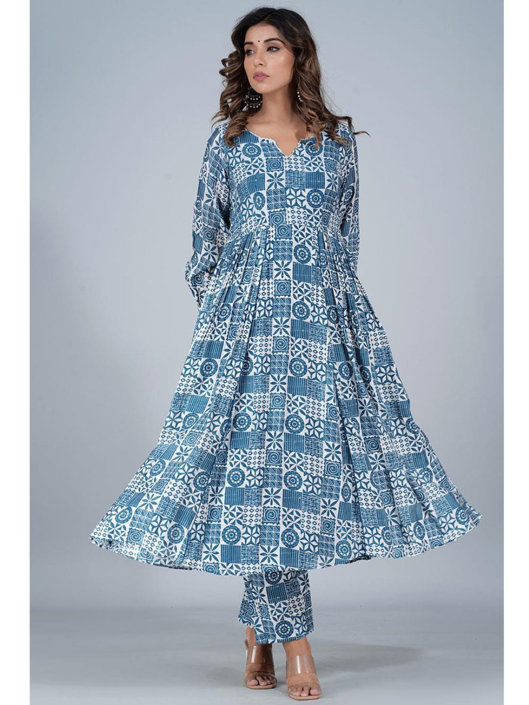 Steel Blue Silk Gathered Anarkali Kurta Set