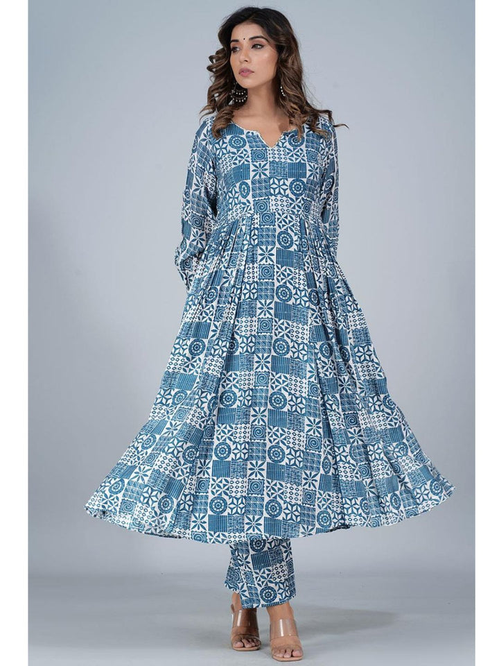 Steel Blue Silk Gathered Anarkali Kurta Set