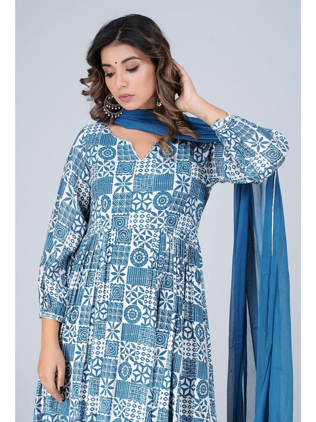 Steel Blue Silk Gathered Anarkali Kurta Set