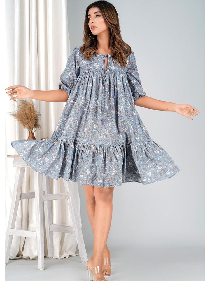 Steel Grey Cotton Mini Tier Dress