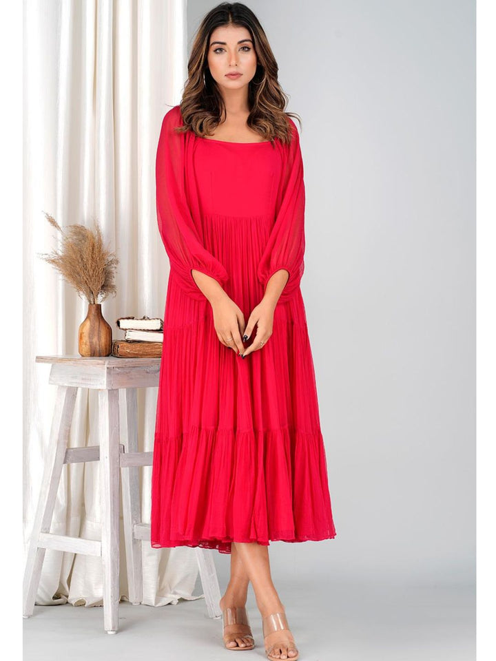 Strawberry Pink Chiffon Long Tiered Dress