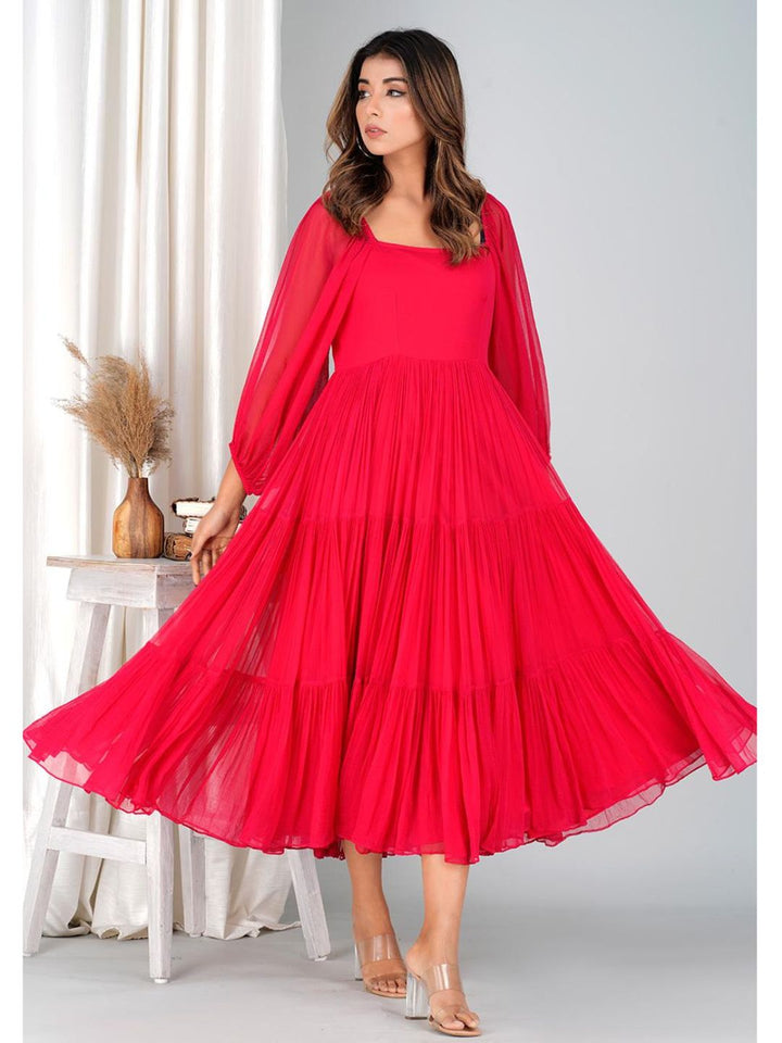 Strawberry Pink Chiffon Long Tiered Dress