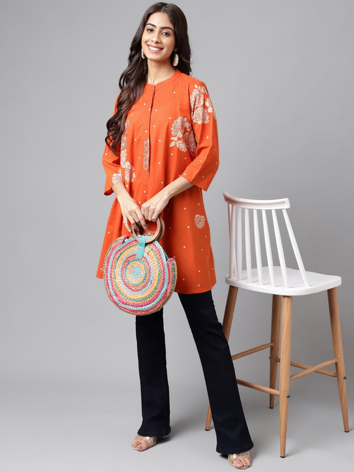 ZERESOUQ-Sunset-Orange-Printed-Mandarin-Tunic-Kurta