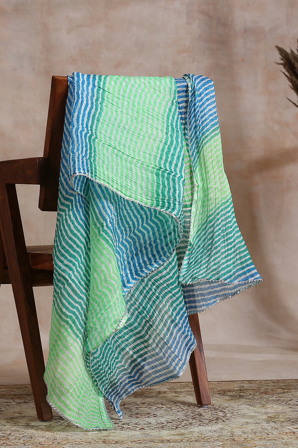 Green & Blue Cotton Lehriya Kota Doria Dupatta