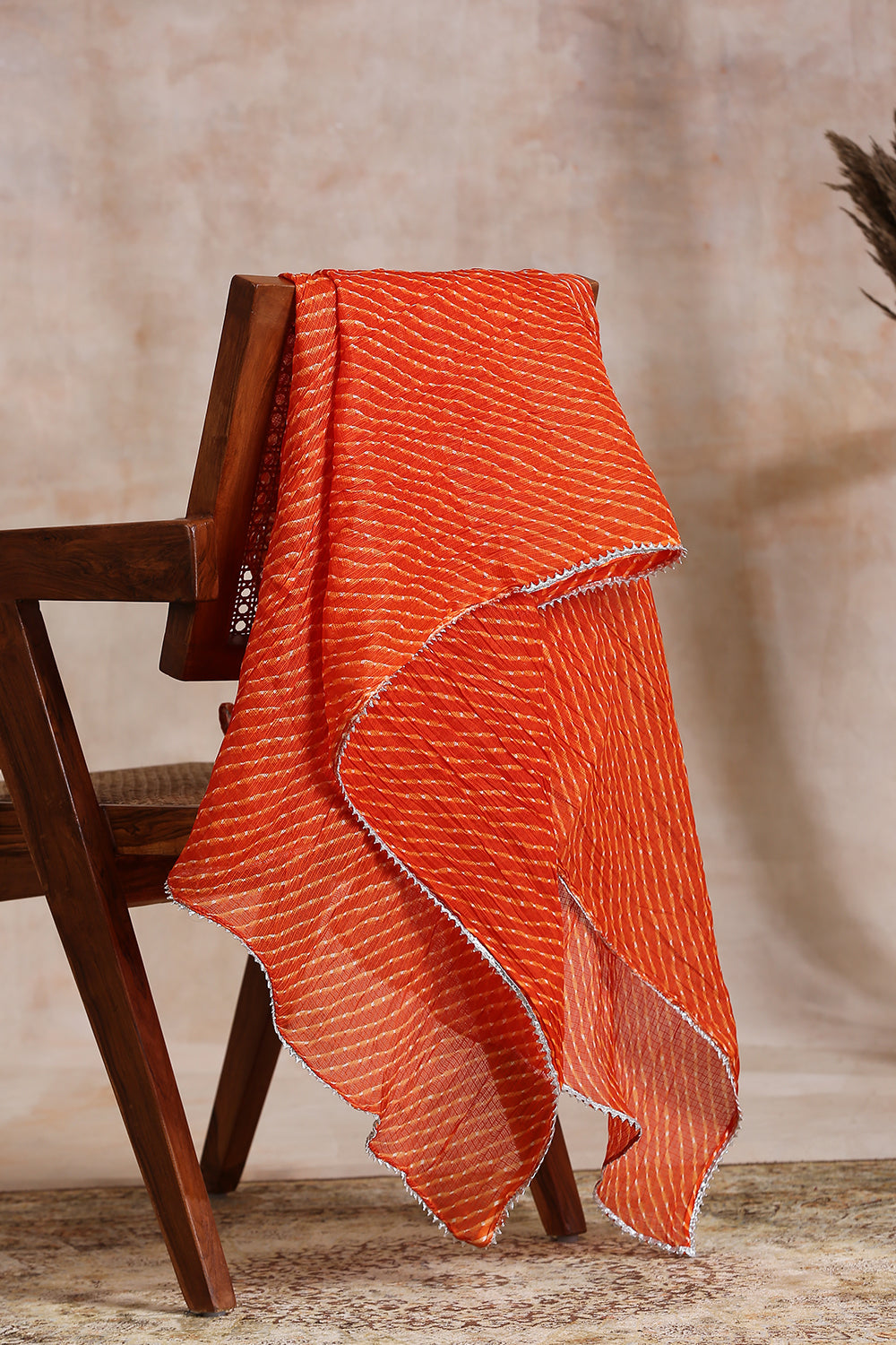 Sunset Orange Cotton Lehriya Kota Doria Dupatta
