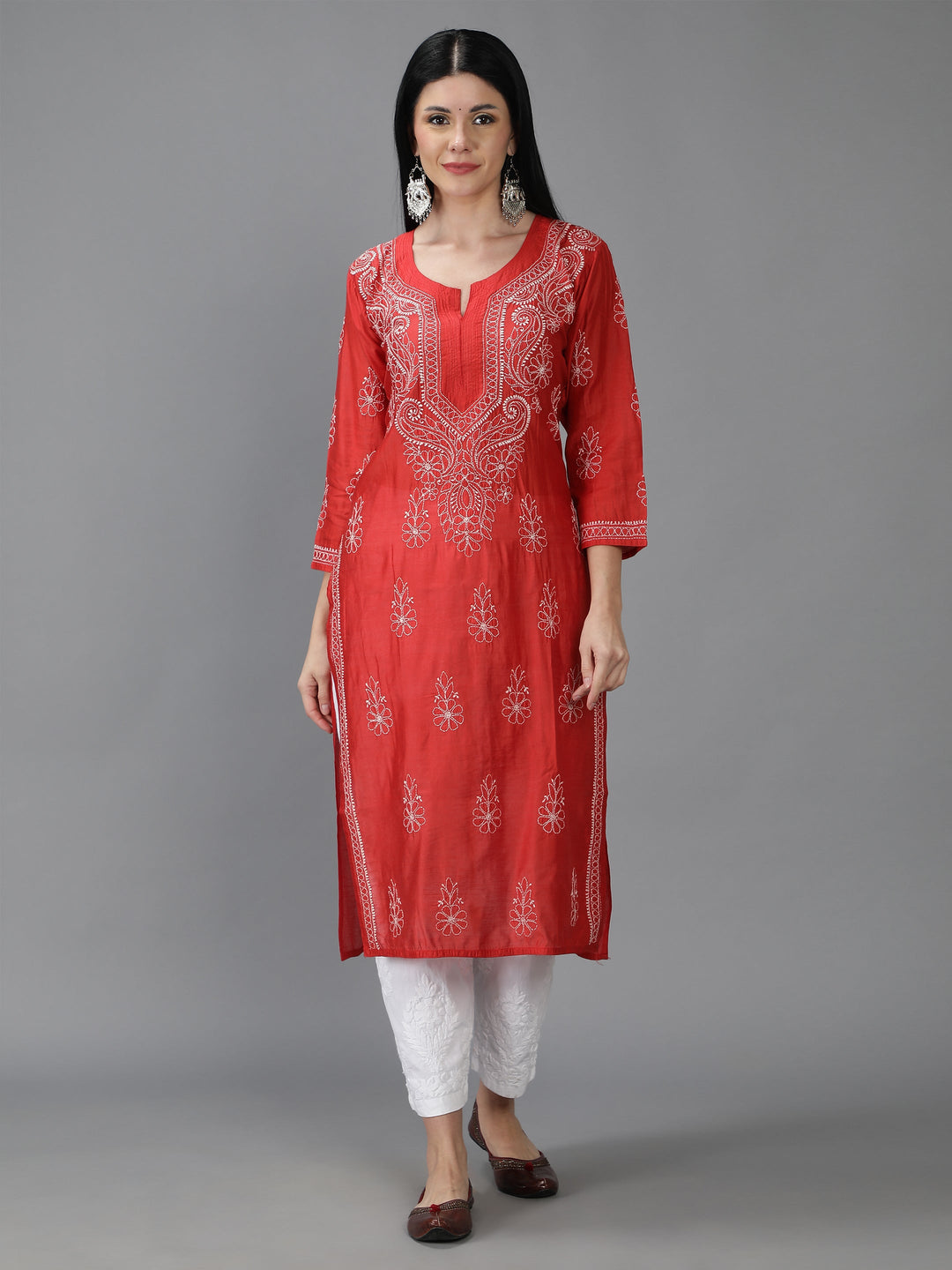 Tart-Red-Chanderi-Kurta-in-White-Threadwork
