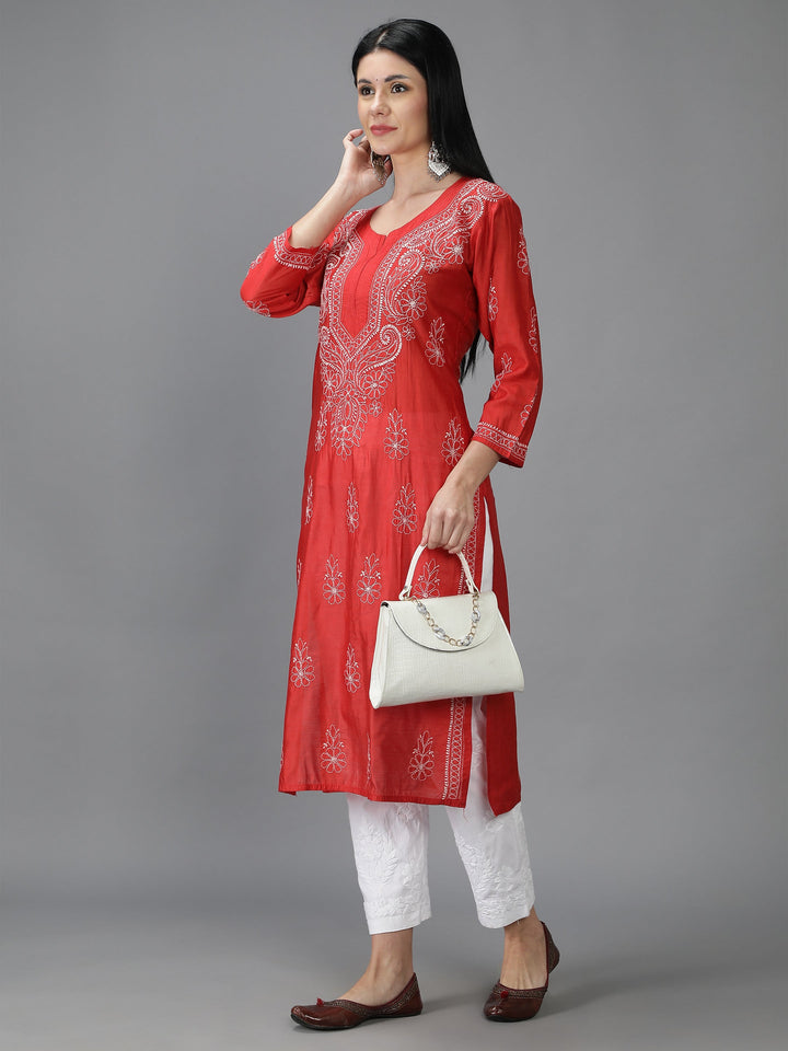 Tart-Red-Chanderi-Kurta-in-White-Threadwork