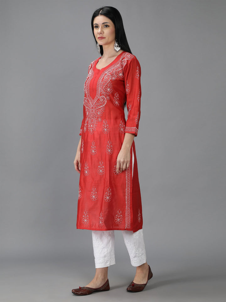 Tart-Red-Chanderi-Kurta-in-White-Threadwork