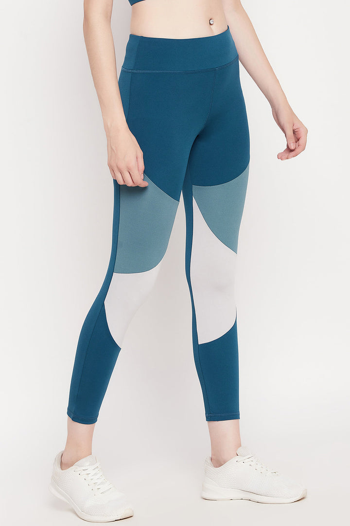 Teal Blue Snug-Fit High-Rise Colourblocked Active Tights