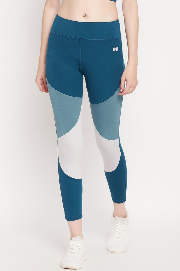 Teal Blue Snug-Fit High-Rise Colourblocked Active Tights