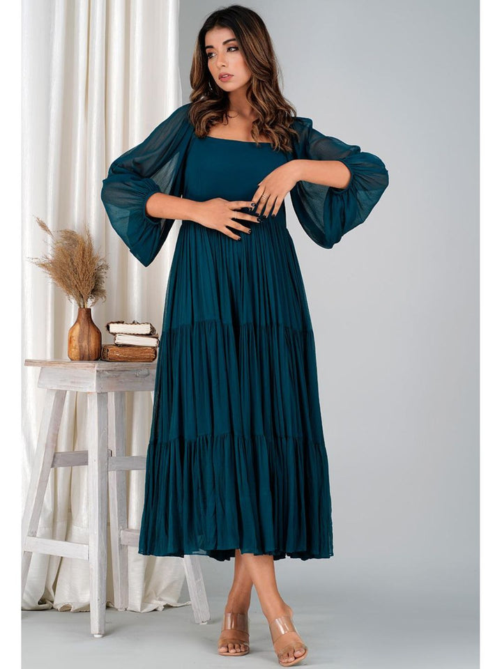 Teal Chiffon Long Tiered Dress
