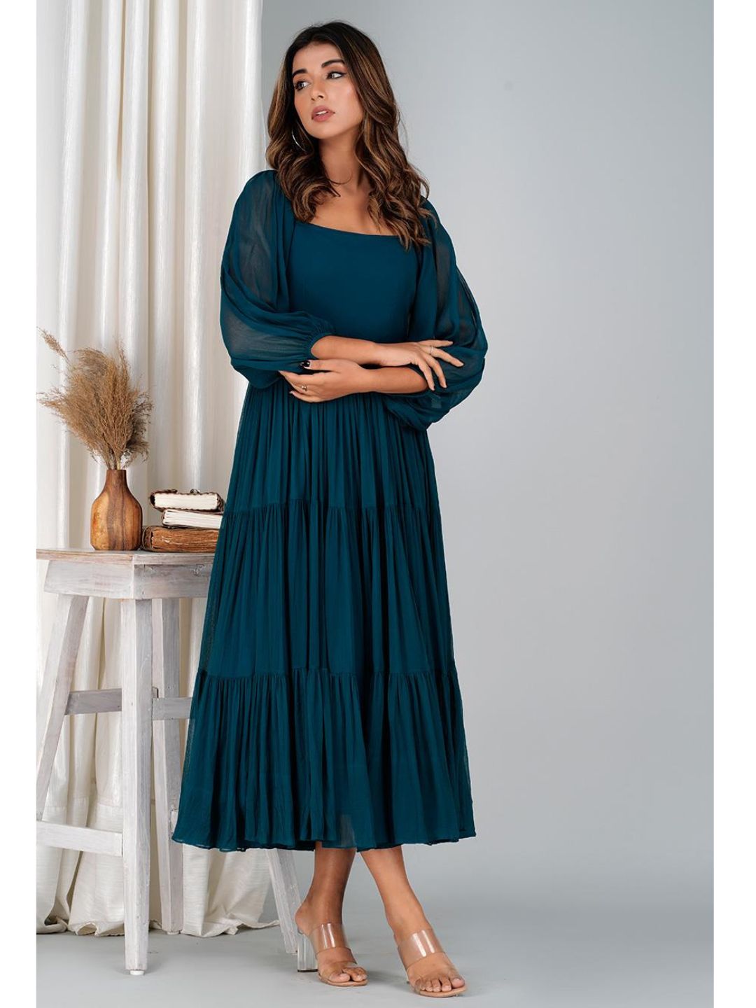 Teal Chiffon Long Tiered Dress