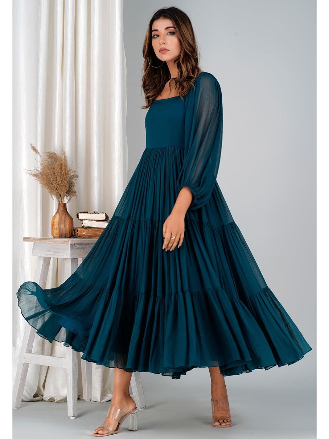 Teal Chiffon Long Tiered Dress