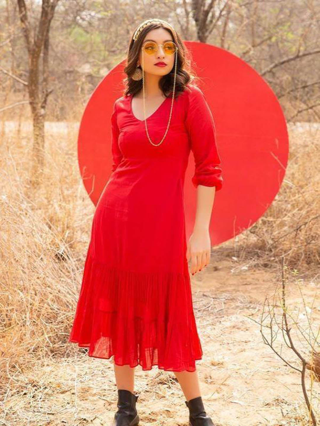 Embroidered-Mulmul-Red-A-Line-Ruby-Dress