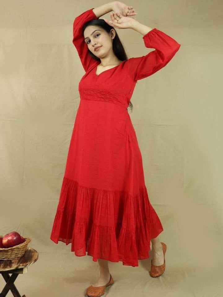 Embroidered-Mulmul-Red-A-Line-Ruby-Dress