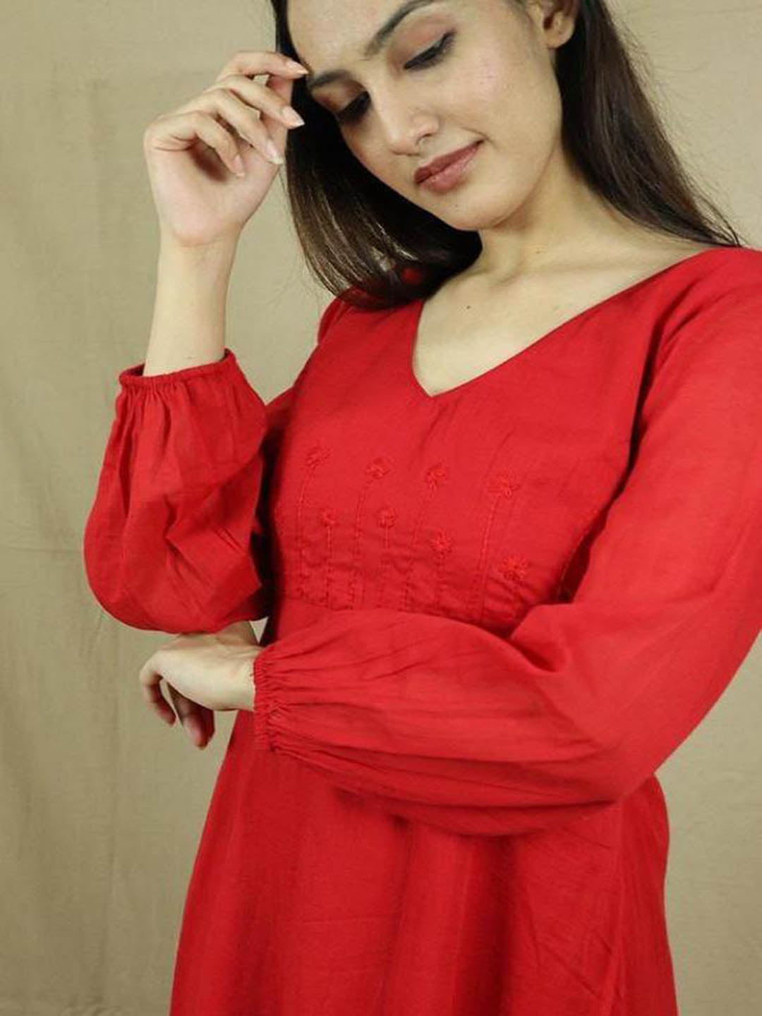Embroidered-Mulmul-Red-A-Line-Ruby-Dress