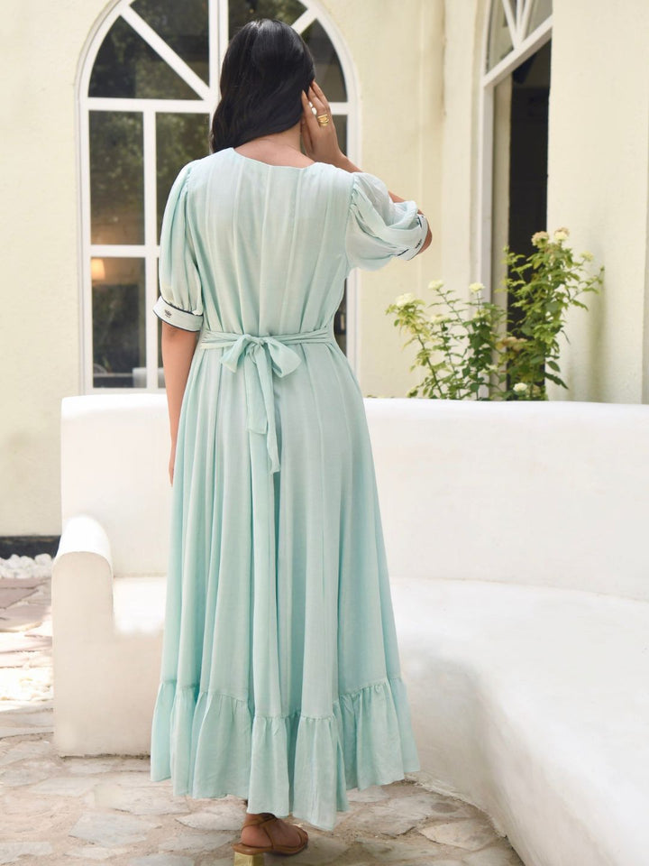 Tiffany-Blue-Silky-Overlapping-Paneled-Dress