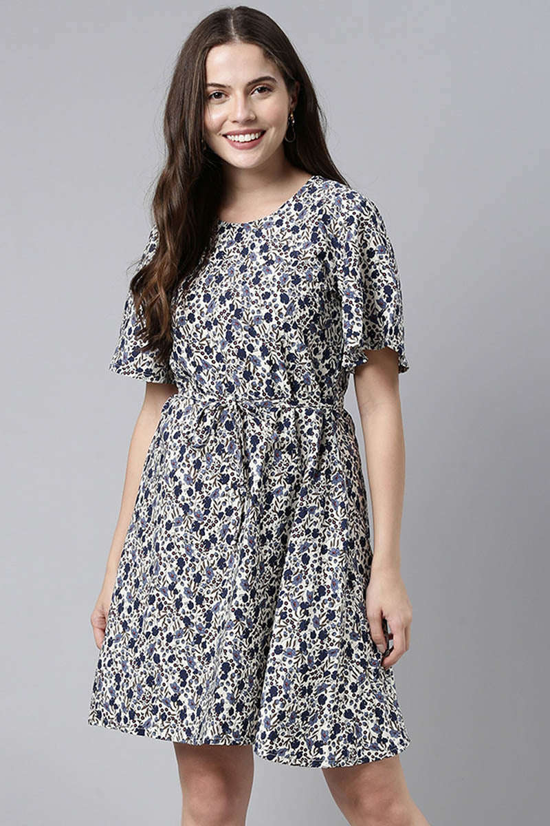ZERESOUQ-White-Polyester-Dress-with-Crowded-Blue-Floral-Prints