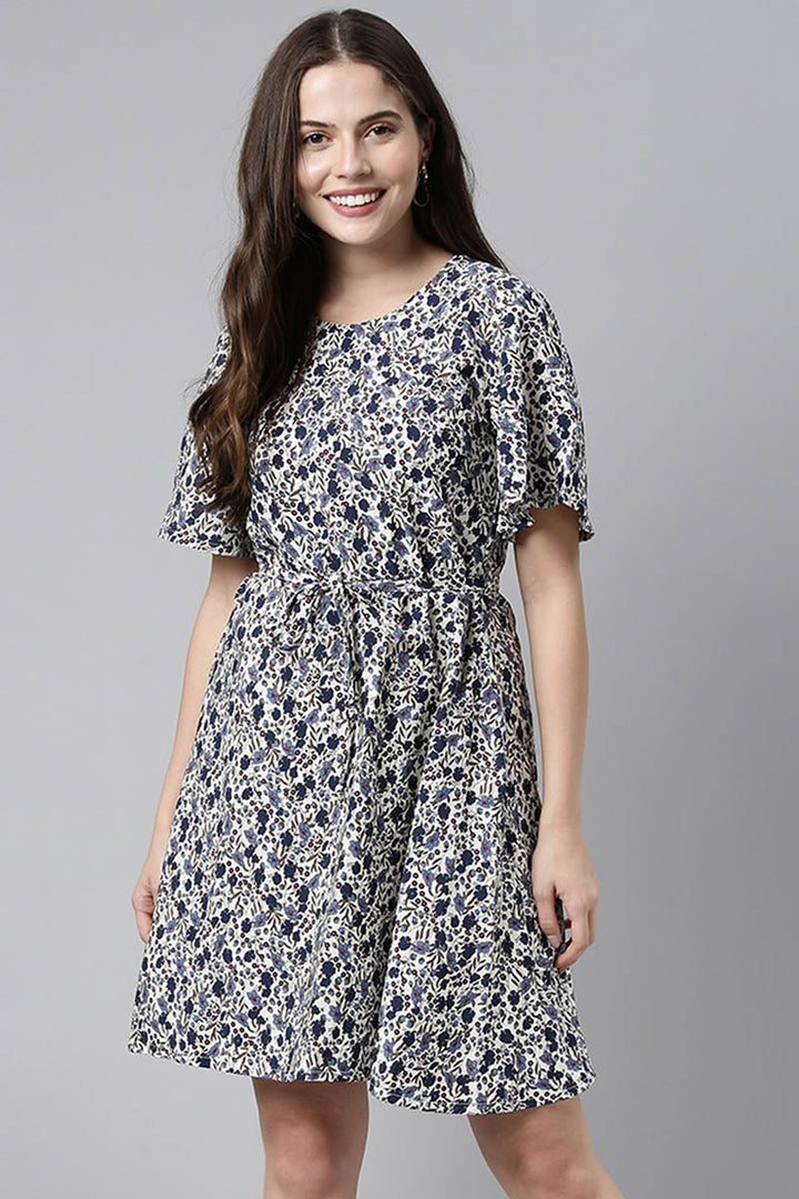 ZERESOUQ-White-Polyester-Dress-with-Crowded-Blue-Floral-Prints