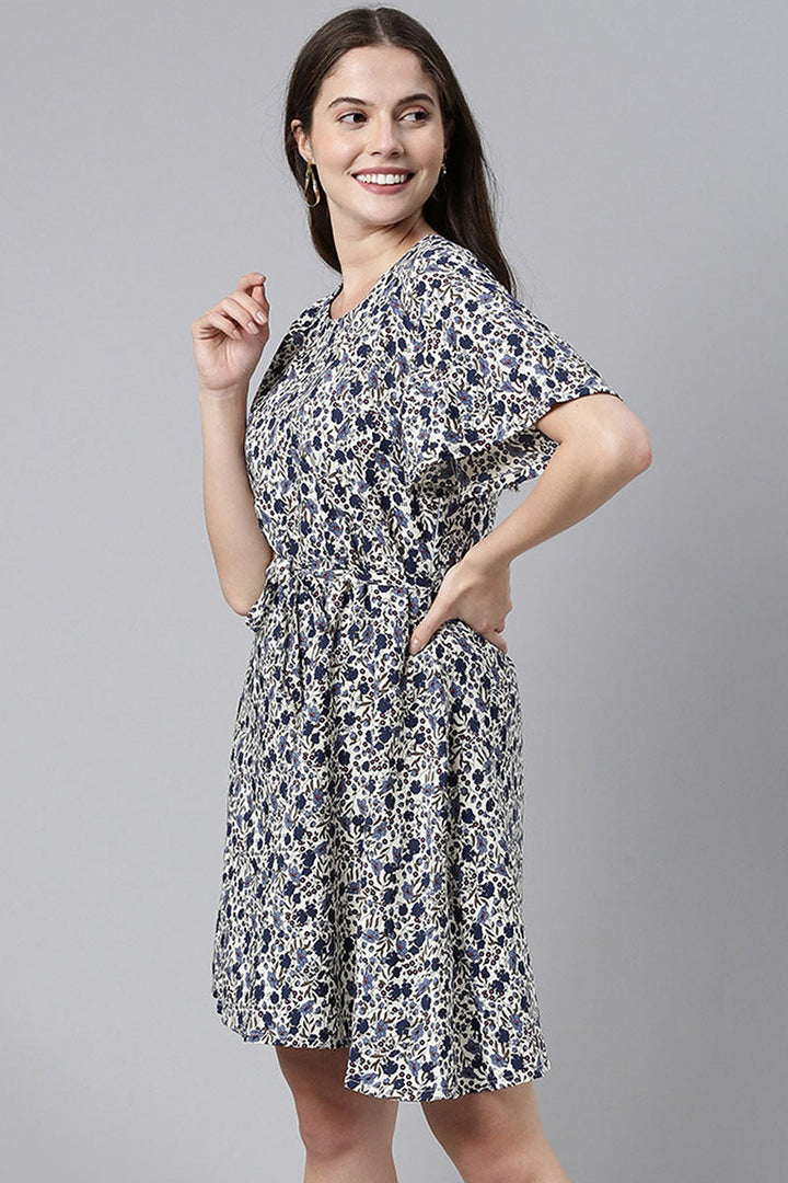 ZERESOUQ-White-Polyester-Dress-with-Crowded-Blue-Floral-Prints