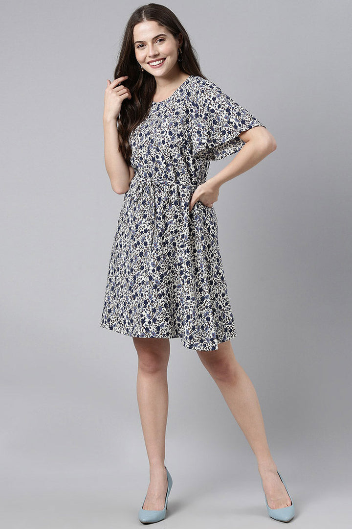 ZERESOUQ-White-Polyester-Dress-with-Crowded-Blue-Floral-Prints