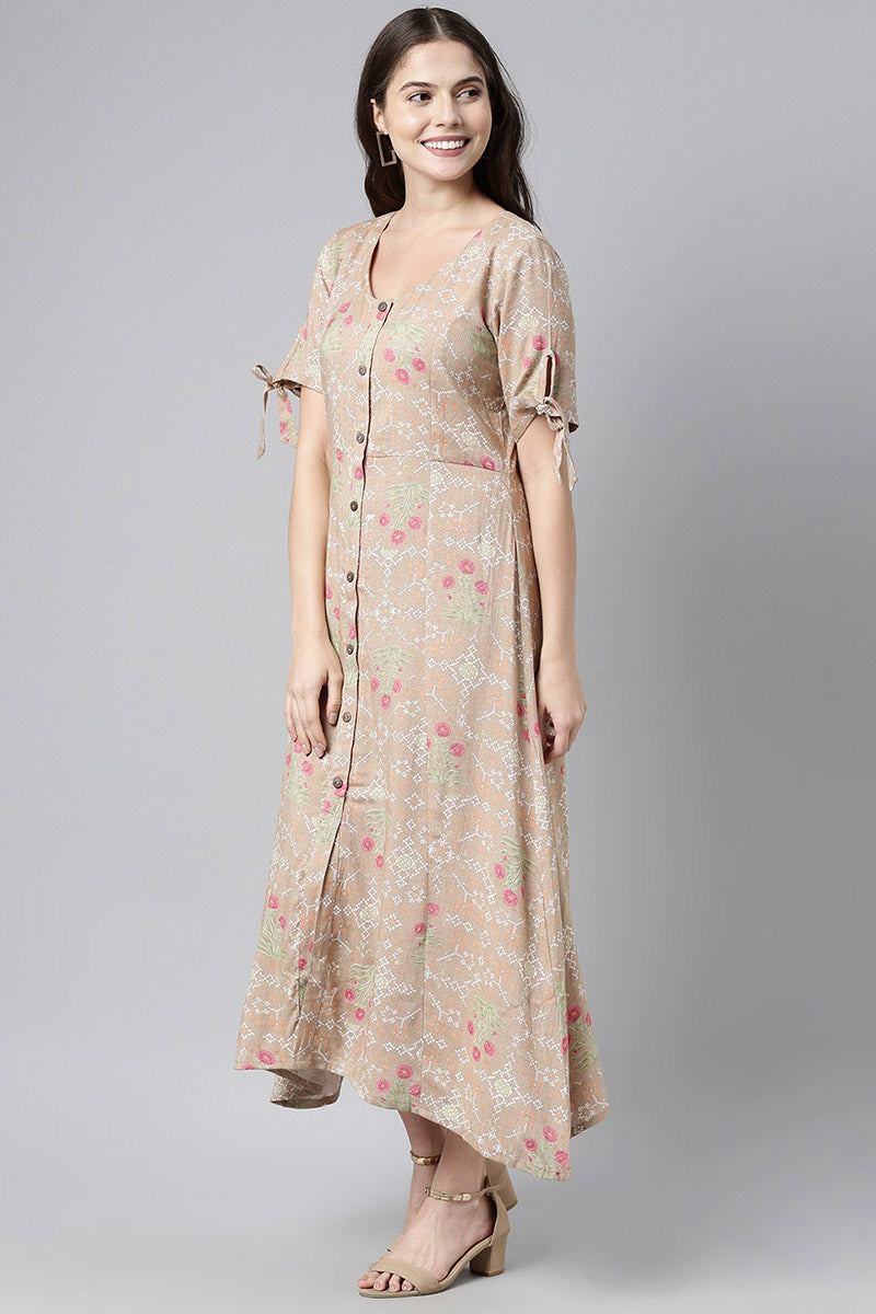 Taupe Cotton Floral Printed Maxi Shirt Dress
