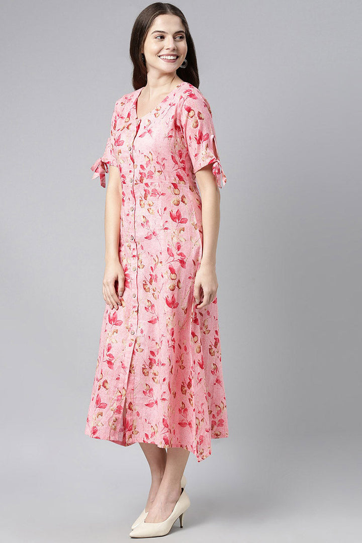 Pink Cotton Floral Printed Maxi Shirt Dress