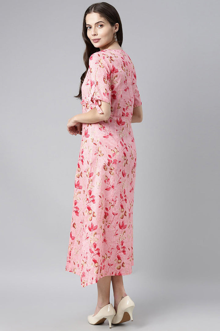 Pink Cotton Floral Printed Maxi Shirt Dress