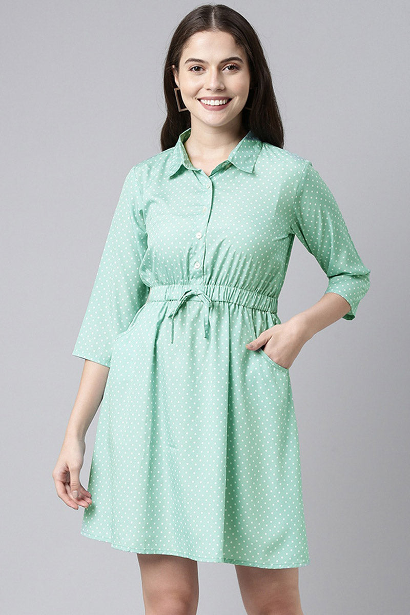 ZERESOUQ-Green-Crepe-Polka-Dots-Printed-Mini-Dress
