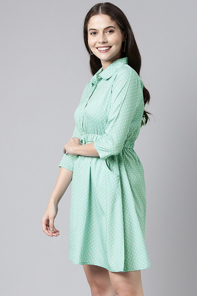 ZERESOUQ-Green-Crepe-Polka-Dots-Printed-Mini-Dress