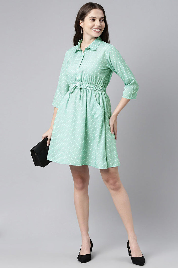 ZERESOUQ-Green-Crepe-Polka-Dots-Printed-Mini-Dress