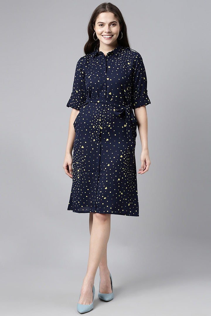 Midnight Blue Georgette Dress with Sprinkled Yellow Prints