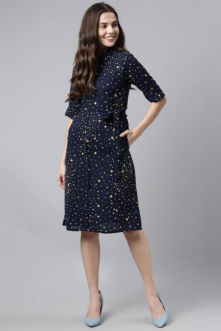 Midnight Blue Georgette Dress with Sprinkled Yellow Prints