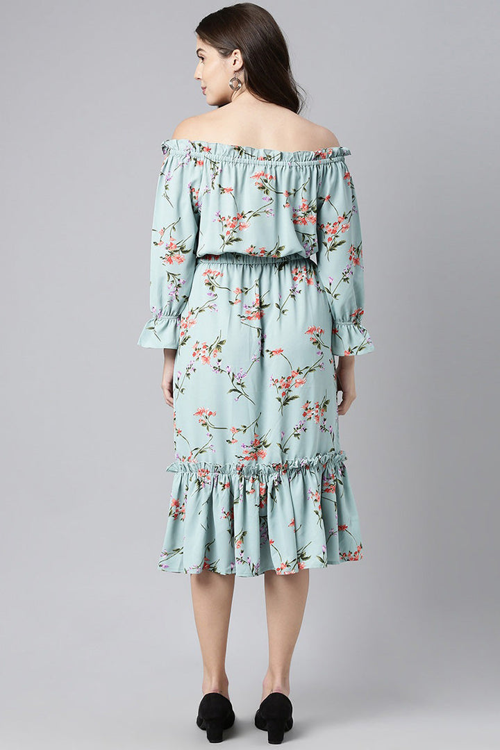 ZERESOUQ-Cement-Blue-Crepe-Floral-Printed-Off-Shoulder-Tiered-Dress