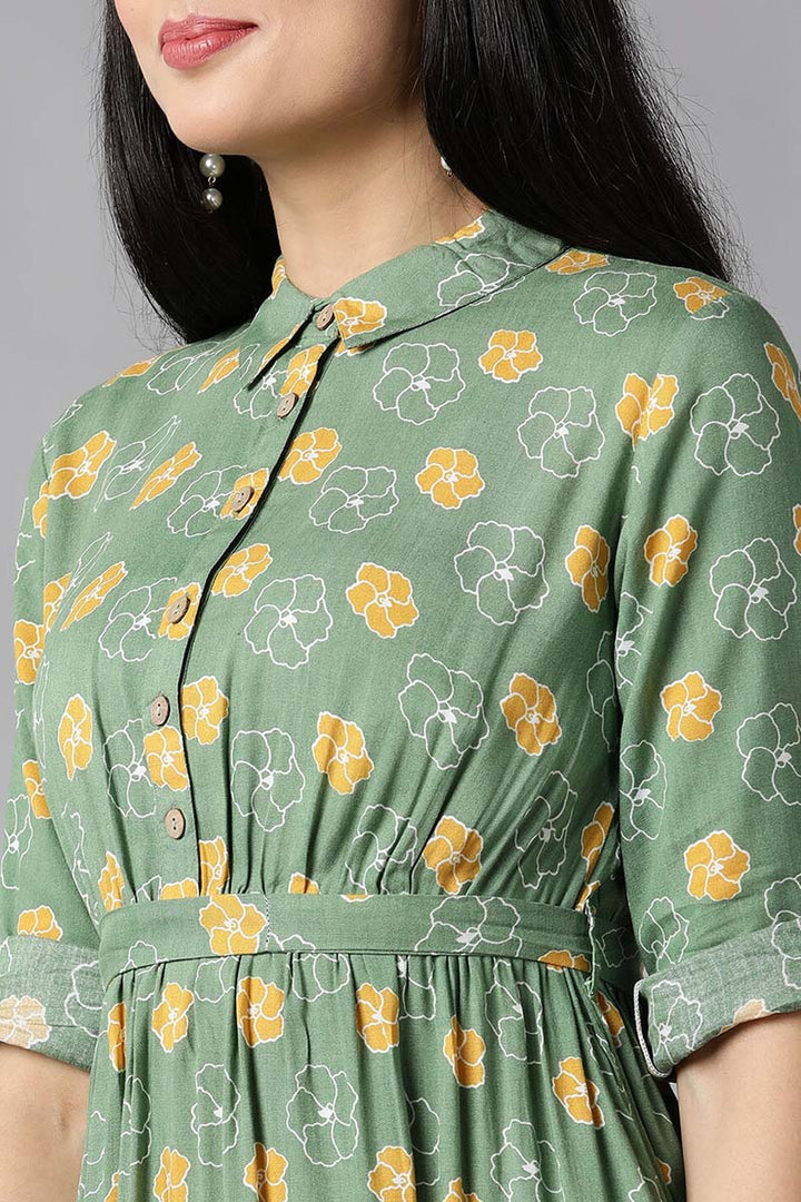 Pale Green Cotton Midi Dress with Orange Floral Prints