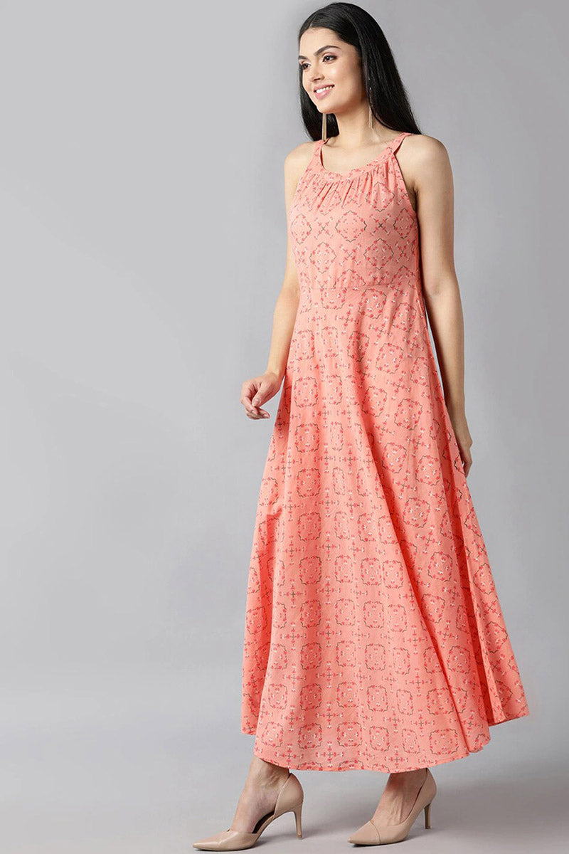 Peach Cotton Ethnic Motifs Printed Sleeveless Maxi Dress
