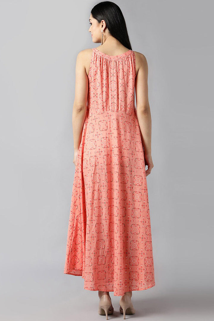 Peach Cotton Ethnic Motifs Printed Sleeveless Maxi Dress