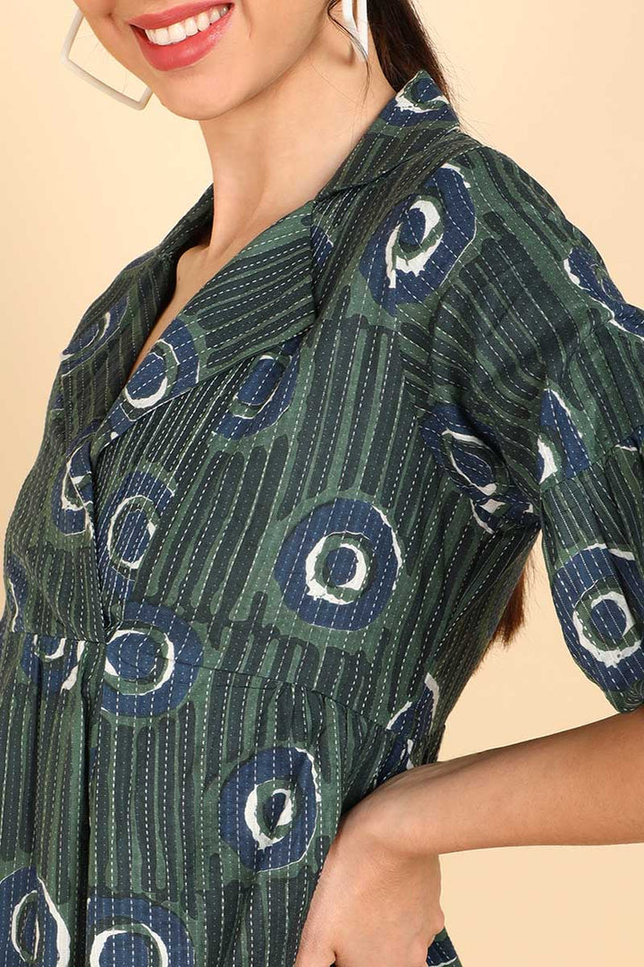 Dark Green Cotton Blue Geometric Printed Short Dress
