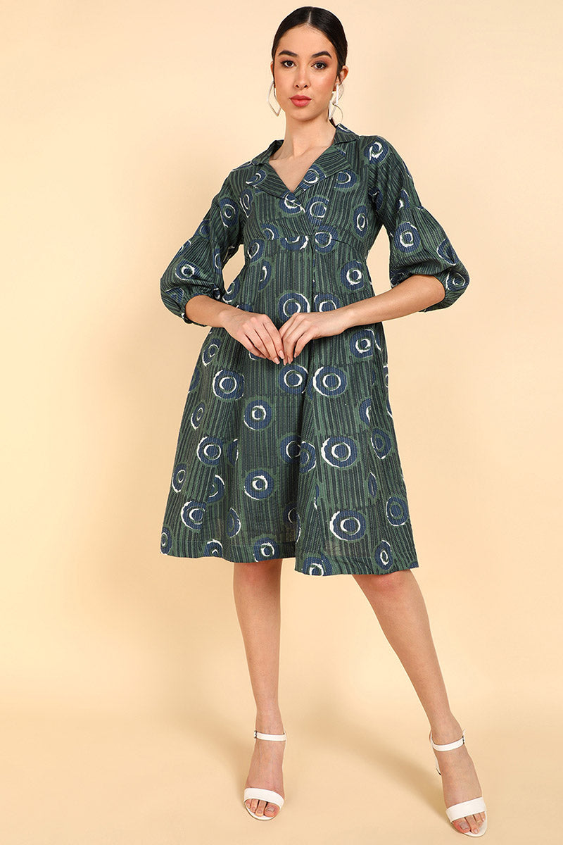 Dark Green Cotton Blue Geometric Printed Short Dress