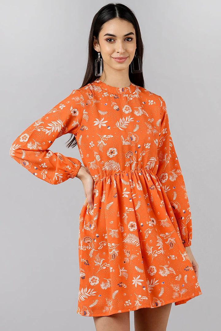 ZERESOUQ-Bright-Orange-Polyester-Floral-Printed-Short-Dress