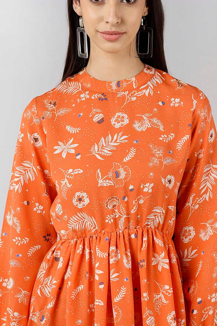 ZERESOUQ-Bright-Orange-Polyester-Floral-Printed-Short-Dress