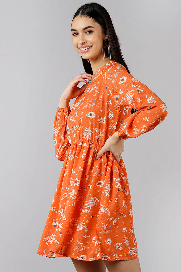 ZERESOUQ-Bright-Orange-Polyester-Floral-Printed-Short-Dress