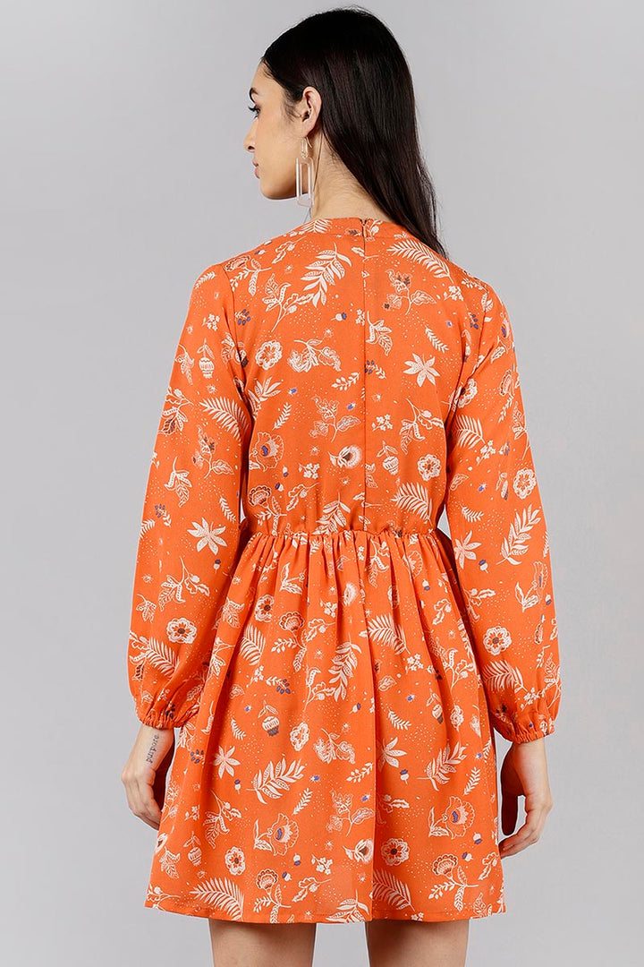 ZERESOUQ-Bright-Orange-Polyester-Floral-Printed-Short-Dress