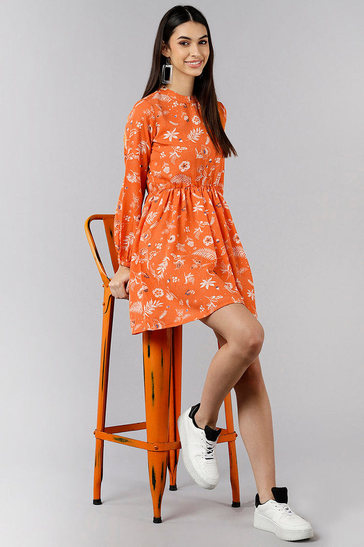 Bright Orange Polyester Floral Printed Short Dress